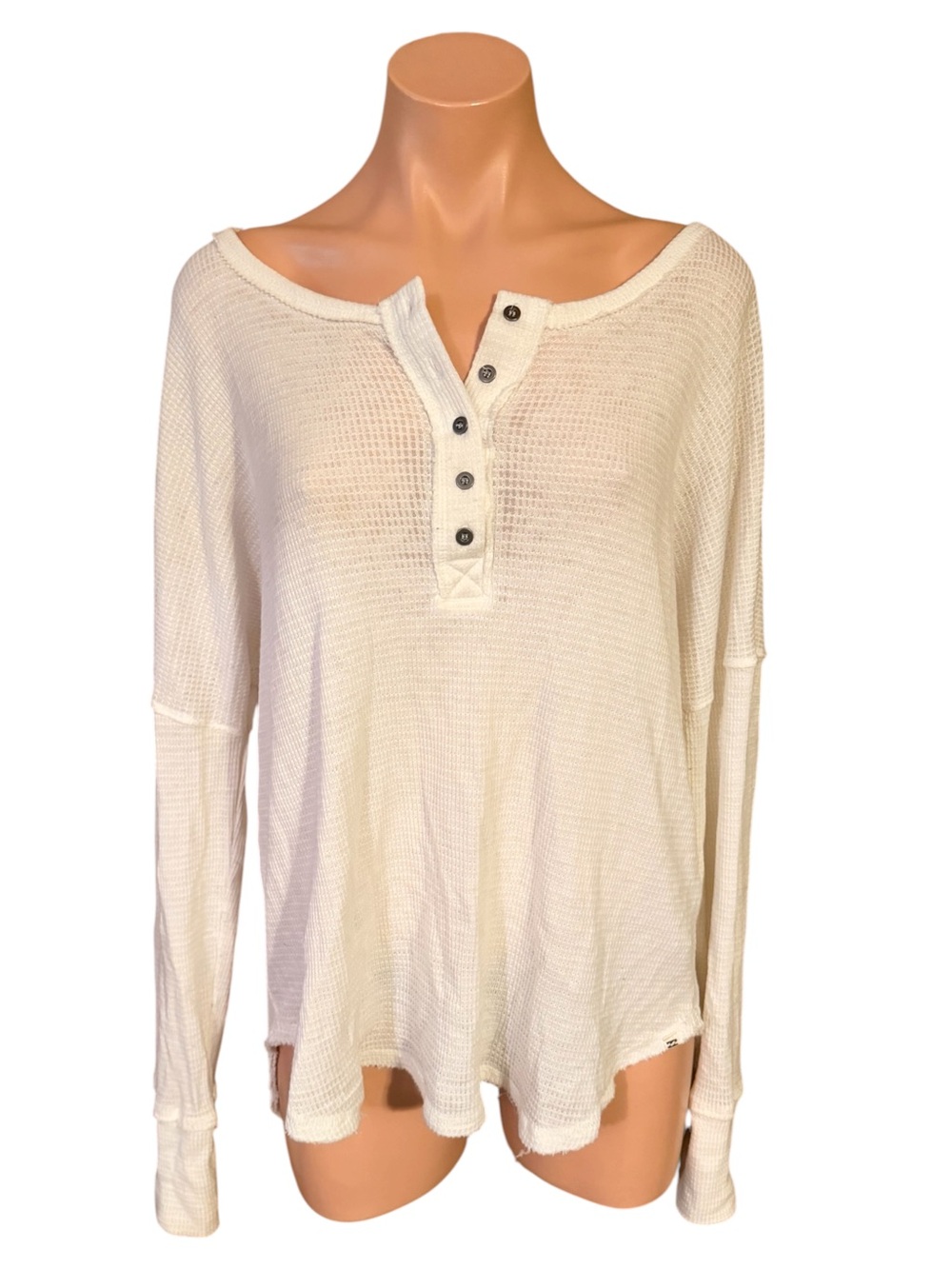Billabong Womens Large White Waffle Thermal Henley Oversized Long Sleeve Shirt